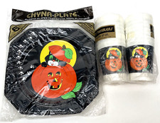Vintage Halloween Paper Plates Cups Party Supplies Lot Black Cat Jack O Lantern