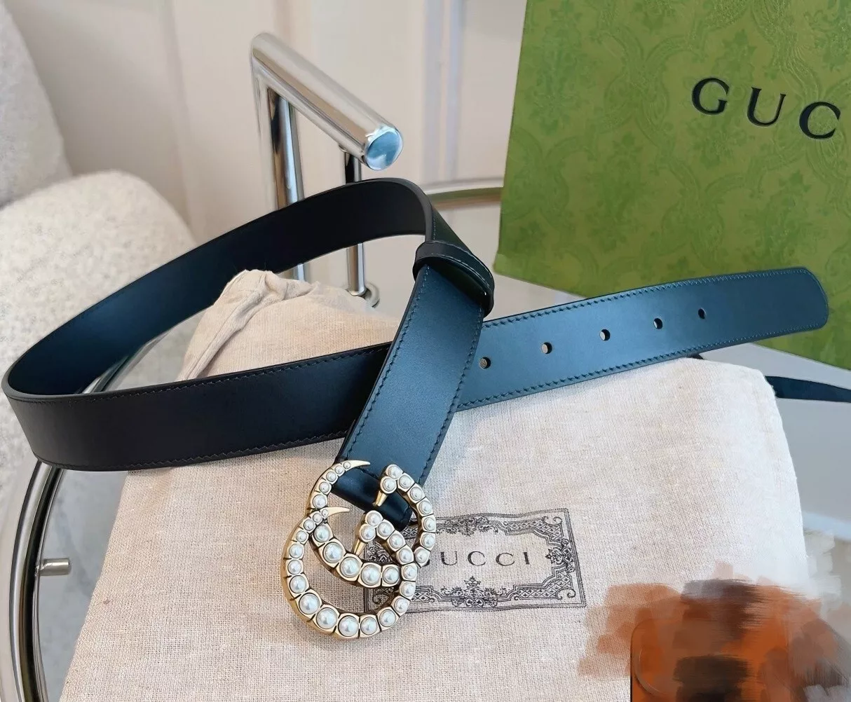 Gucci Ceinture Femme Classique Marmont GG Boucle Perle Ceinture Cuir Noir 90/36