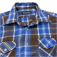 Hunter Hill Button Down Shirt Large Brown Blue Plaid 70’s British Hong Kong EUC!