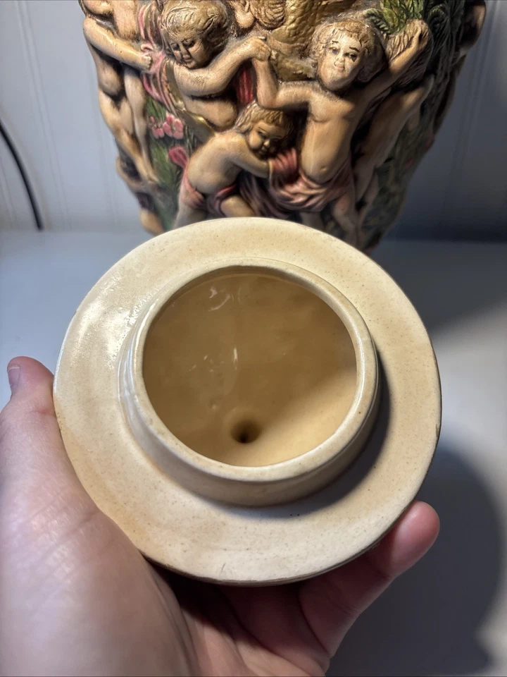 Large Vintage Hand-painted Cherub Lidded Jar Urn - Victorian Style - Image 2 of 4