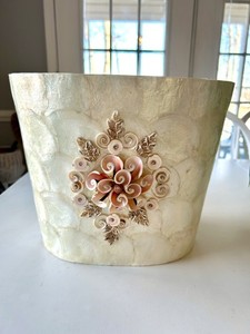 Vintage Philippines Capiz Shell Waste Trash Bin Pearlescent  Seashell Floral 