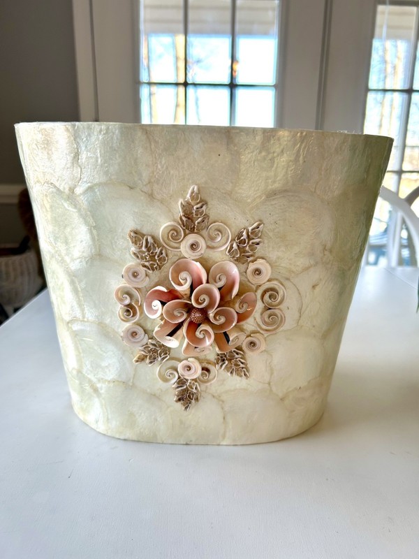 Vintage Philippines Capiz Shell Waste Trash Bin Pearlescent  Seashell Floral 