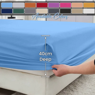 SUPREMETEXTILE Plain Fitted Sheet 40cm Deep Pocket Corner Elastic Bed Sheets Single Double King