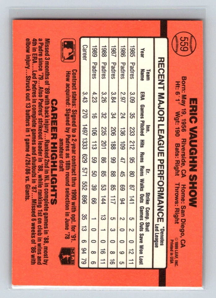 1990 Donruss #559a Eric Show - Image 2 of 2