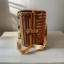 "Picnic Time" Wicker Wine Basket + Glasses Carrier Bottle Holder Case Beach VTG