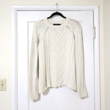 Polo Ralph Lauren Cable Knit Cut Off Wool Ivory Sweater L Preppy Fisherman