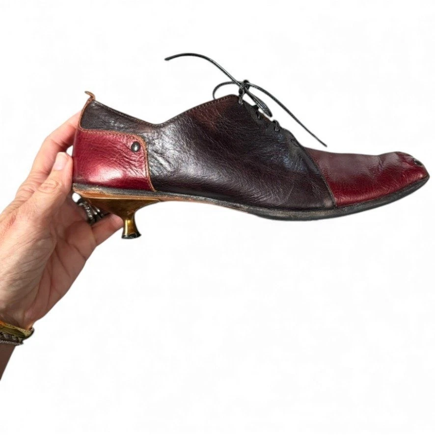 CYDWOQ Vintage Handcrafted Leather Oxblood Black Square Toe Kitten Heel Shoes 39 - Image 3 of 4