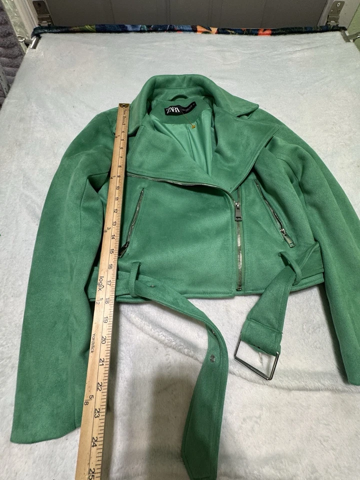 ZARA Green Faux Suede MotorcycleJacket Women's Xs Belted Biker Style Zip Pockets - Image 4 of 4