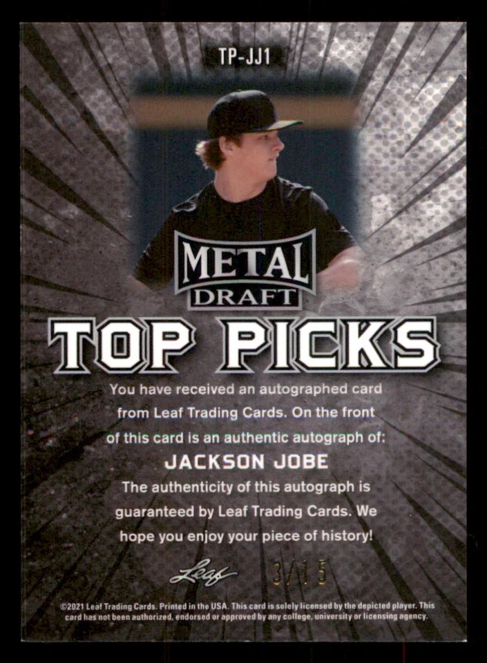 2021 Leaf Metal Draft Top Picks Black #TPJJ1 Jackson Jobe /15 - Image 2 of 2