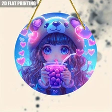 2D Flat,1pc Retro 2D Flat Art Round Aluminum Wall Painting - Vibrant Anime Style