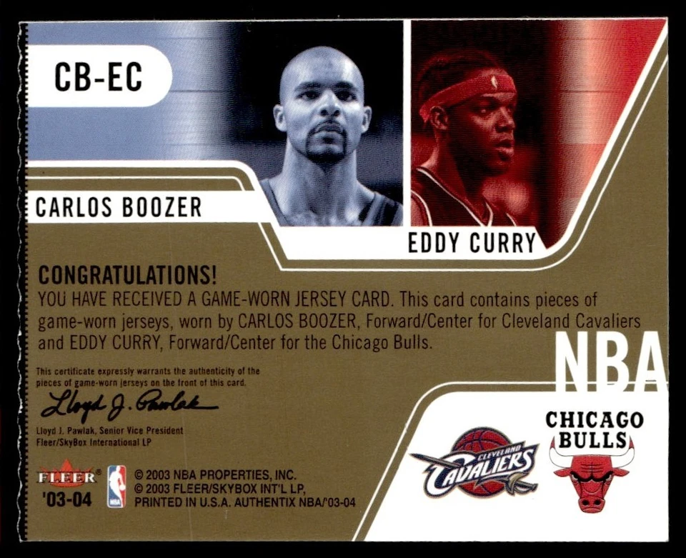 Camiseta Fleer Authentix 2003-04 Juego de la Semana Rasgada Carlos Boozer/Eddy Curry Foto 2 de 2
