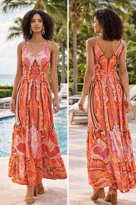 $498 Kobi Halperin Aileen Paisley Maxi Dress Pink Orange Size 14