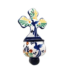 Religious Wall Cross Talavera Pottery Mexican Holy Water Dove Blue Ceramic 10in
