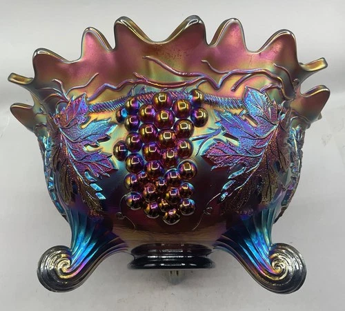UNBELIEVABLE VINTAGE CARNIVAL NORTHWOOD PURPLE GRAPE & CABLE LARGE ORANGE BOWL
