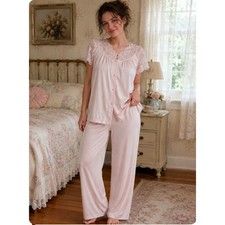 Vintage Shadowline Pink Nylon Pajama Set Lace Pearl Button 2pc Sleepwear Size 38