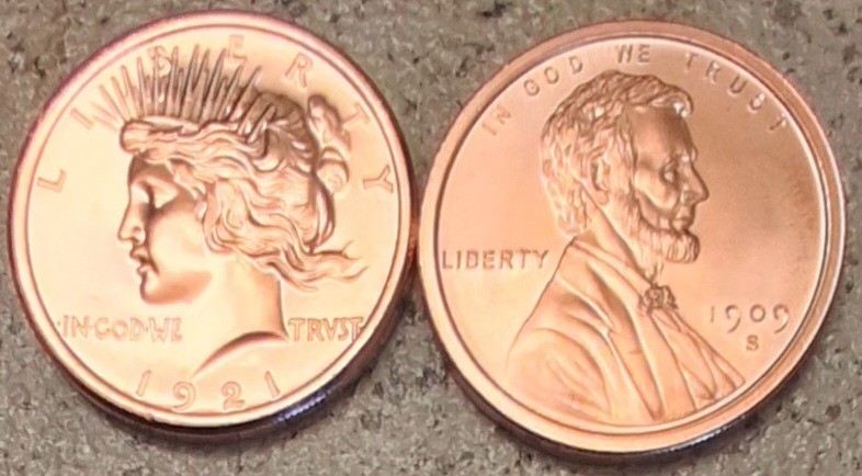 1921 PEACE DOLLAR & 1909 VDB PENNY - 1 Oz. BU COPPER ROUNDS - .999 FINE BULLION
