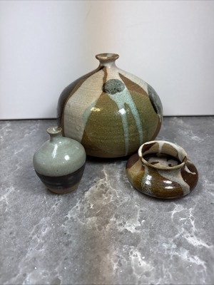 Set Of Three Pottery Vases/Drizzle Glazed 5.5 , 3 ,1.5 .
