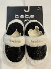 bebe Girls White Faux Fur Black Bling Slippers Size L / XL , 11 / 12 Runs Small