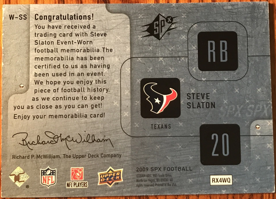 2009 SPx Winning Materials BLUE DUAL Steve Slaton W-SS Houston Texans #’d 35/50 - Image 2 of 3
