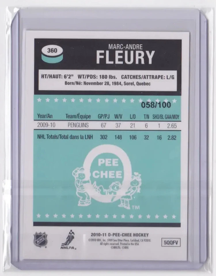 2010-11 O-PEE-CHEE RETRO RAINBOW BLACK 58/100 MARC-ANDRE FLEURY #360 PENGUINS - Image 2 of 2