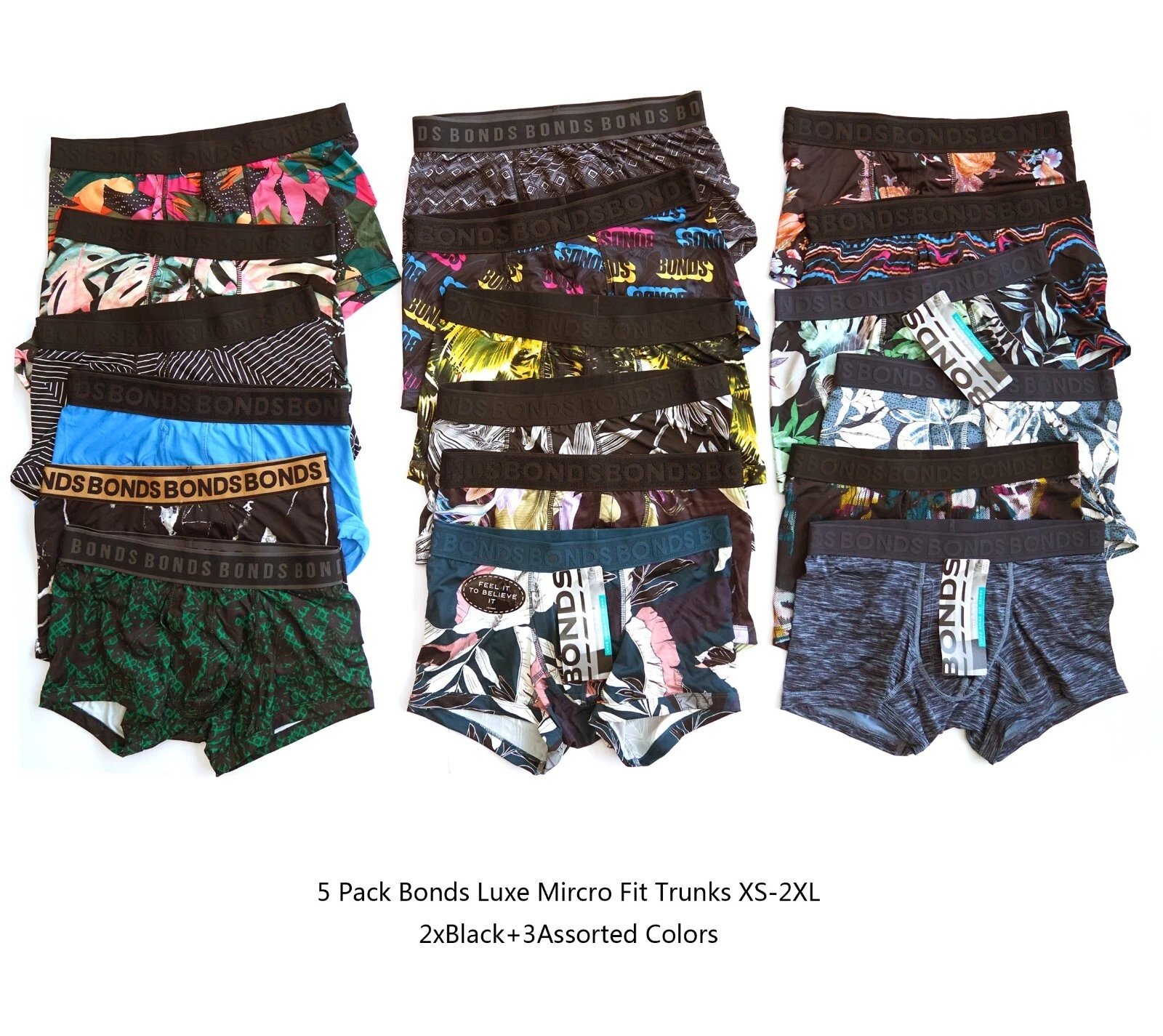 5 Pack Bonds Men's Luxe Fit Quick Dry Trunks Underwear XS-2XL