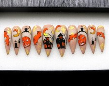 Spooky House Nailbox, Halloween Stiletto Glue On Nails, Luxury Fake Nail Set