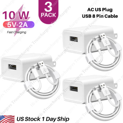 3X Lot USB Wall Fast Charger Cable AC Plug US For iPhone SE 6 8 XR X 11 12 13 14