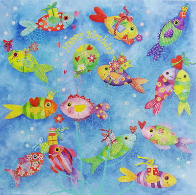 Carola Pabst*Postkarte*14x14*Happy Birthday*Fisch Meer*Glitzer*Grußkarte Fische