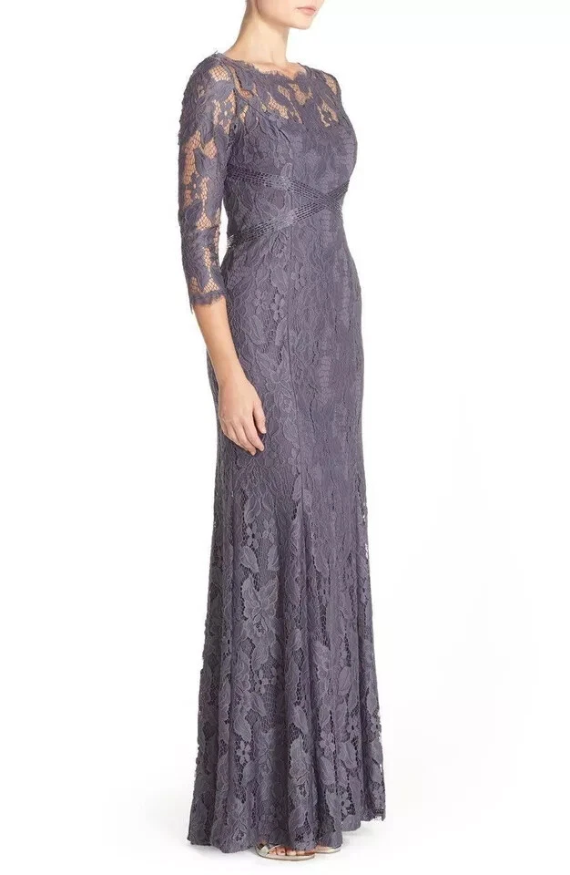 Vestido Adrianna Papell Gris Carbón Encaje Cuentas Manga 3/4 Talla 2 $389 Foto 2 de 4