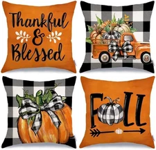 Fall Decorative Throw Pillow Covers 18 x 18 Inch Set of 4, Pumpkins Thank