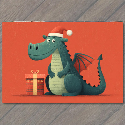 POSTCARD Christmas Dragon Santa Hat Present Cute Funny Holiday Fantasy Creature