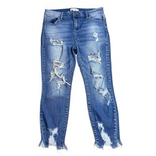 Cello Women's Distressed Medium Wash Denim Blue Jeans Size 11 Raw Hem Whiskered