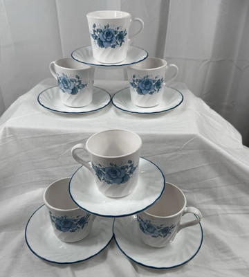 6 Vintage Corning Corelle BLUE VELVET ROSE SWIRL Coffee Tea Mugs Cups/saucers