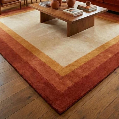 Modern Earthy Border Rug, Terracotta & Mustard Area Rug, Neutral Living Room Rug