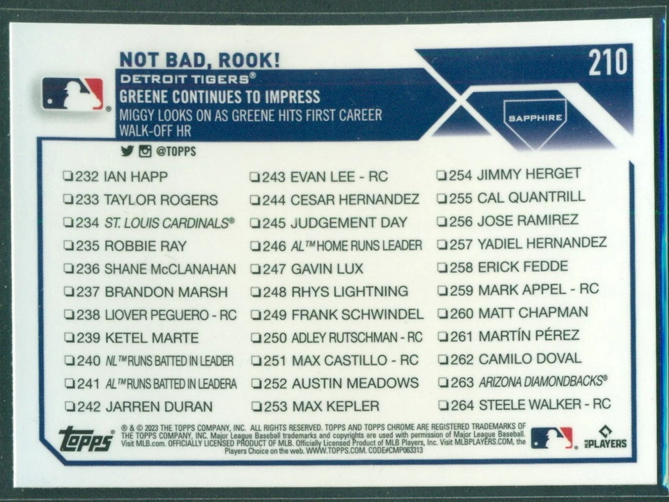 2023 Topps Chrome Sapphire Edition Checklist #210 CABRERA / RILEY GREENE Tigers - Image 2 of 2