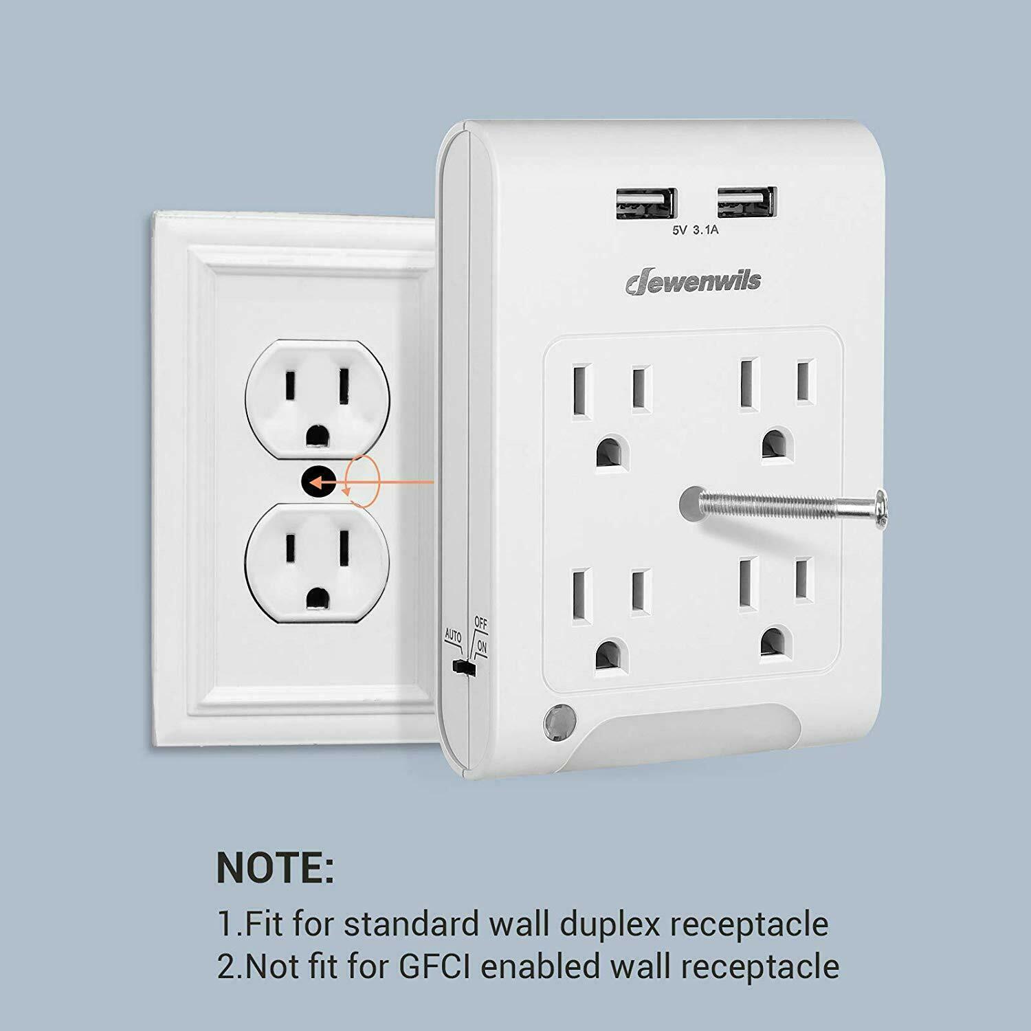 DEWENWILS Multi Plug Outlet Adapter 2 USB Charging Ports Light Sensor