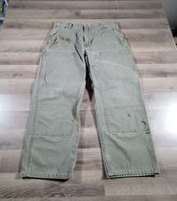 Vtg Carhartt Double Knee Canvas Carpenter Work Pants MOS Green Distressed 34x29