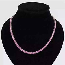 3MM Round Lab Created Pink Sapphire Tennis Necklace 14K White Gold Plated 18" in