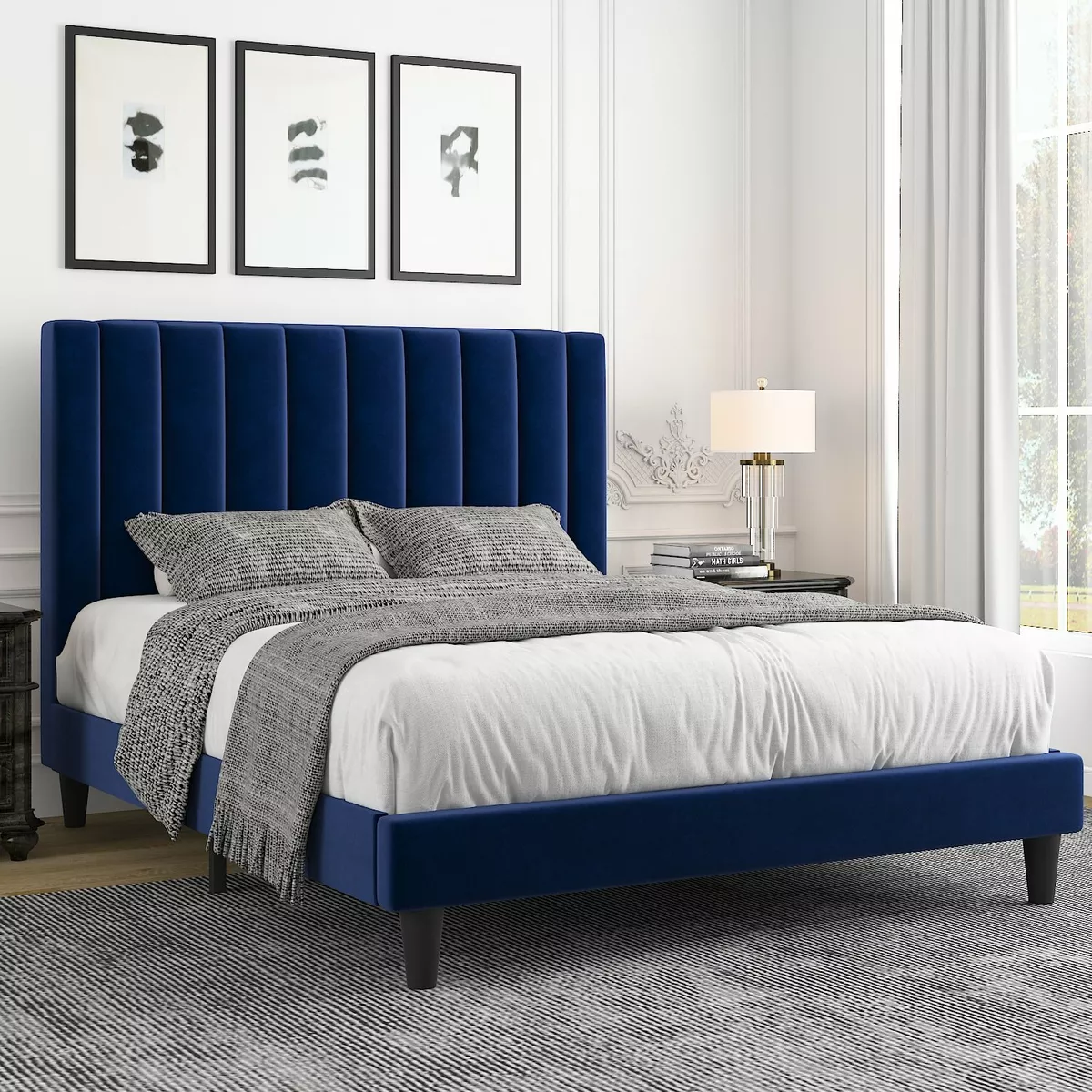 Blue upholstered bed sale frame