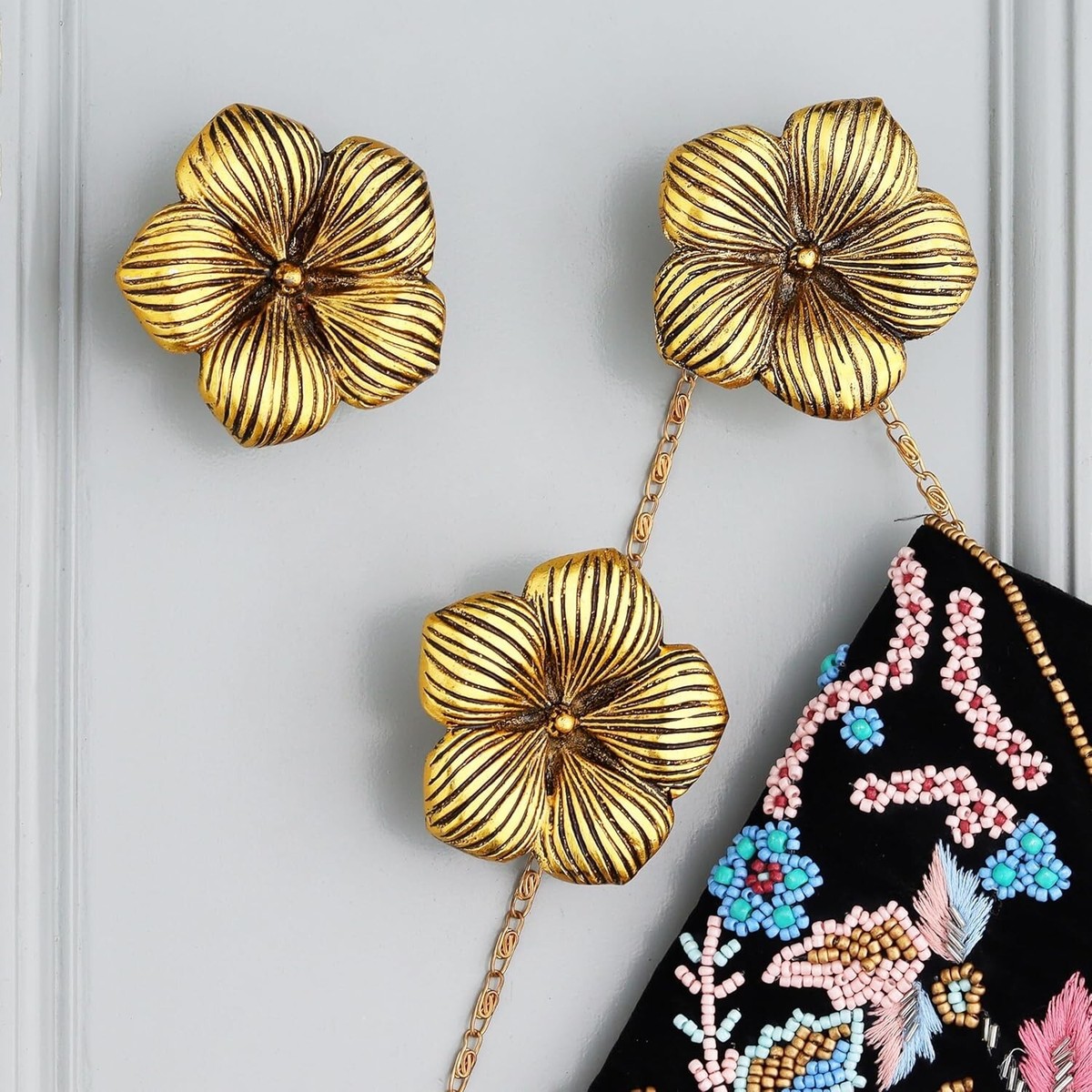Boho Floral Wall Hooks, Set of 3, Gold Vintage Coat Hooks