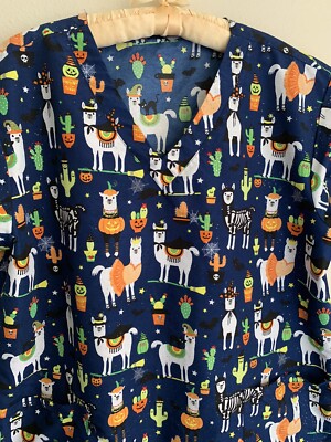 L Serene Uniform Llama Costume Scrub Top Shirt Halloween Spooky Cactus Pumpkin
