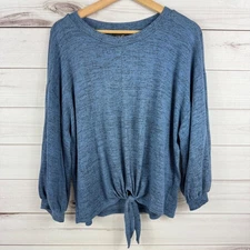 W5 Blue Tie Front Long Sleeve Knit Top Casual Comfy Blouse Size L
