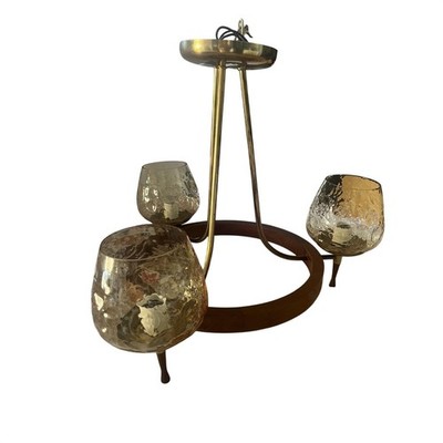 Vtg Bent Brass & Walnut Danish Modern 3-light Champagne Glass Shades Chandelier