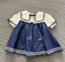 Vintage Pretty As A Picture Dress Sailor Navy Blue Baby Girls Bows USA Nautical