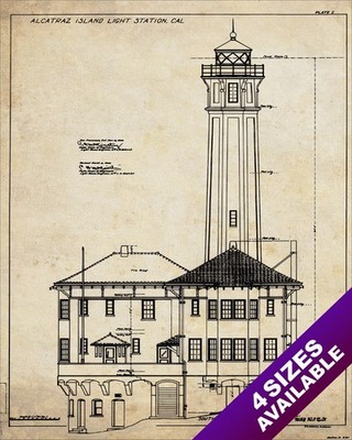 ALCATRAZ ISLAND PRISON LIGHTHOUSE BLUEPRINTS DRAWAING ART REAL CANVAS PRINT 