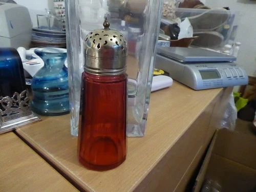 Cranberry glass sugar shaker with EPNS Top