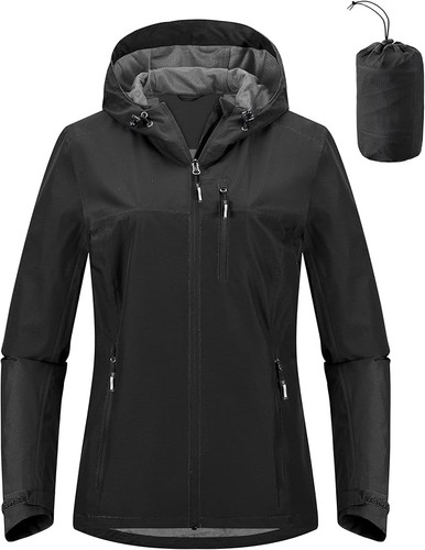 Outdoor Ventures Women's Rain Jacket Waterproof Lightweight w/ Hood, 2XL, Black