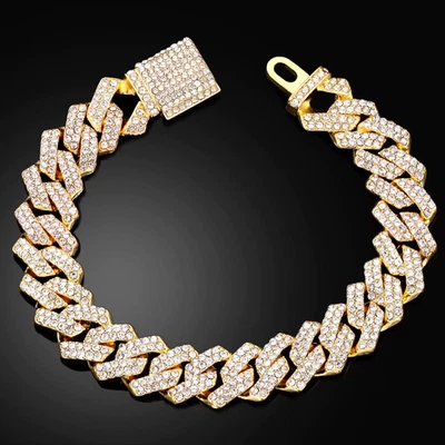 Bracelet Chaîne Cubaine 14mm Strass Homme Femme Acier Inoxydable - Photo 1/2