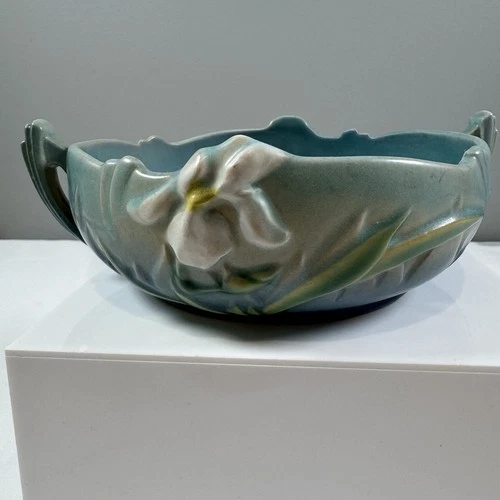 Roseville Pottery Iris Console Bowl 360, 8” Aqua Blue with Cream Flowers, 1939