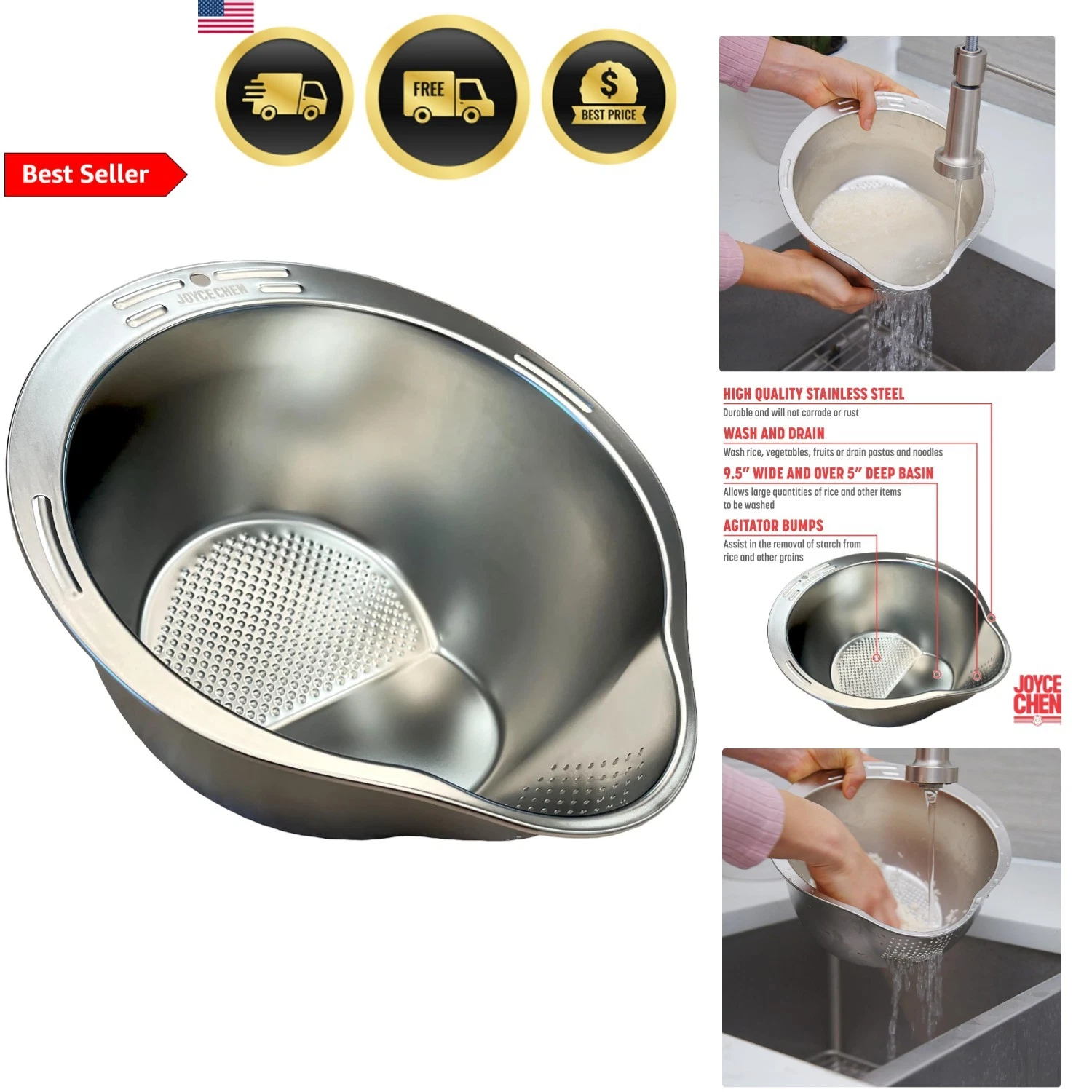 Stainless Steel Rice Strainer Bowl Colander Washer for Rice Vegetables Gourds